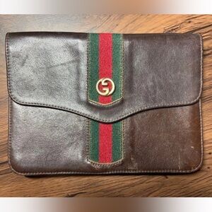 Gucci Brown Leather Clutch with Red and Green Stripe